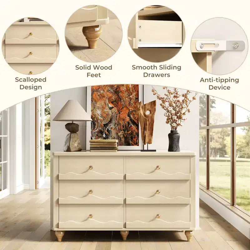 Commode à 6 tiroirs Besiost 43, meuble de rangement en bois avec façade festonnée