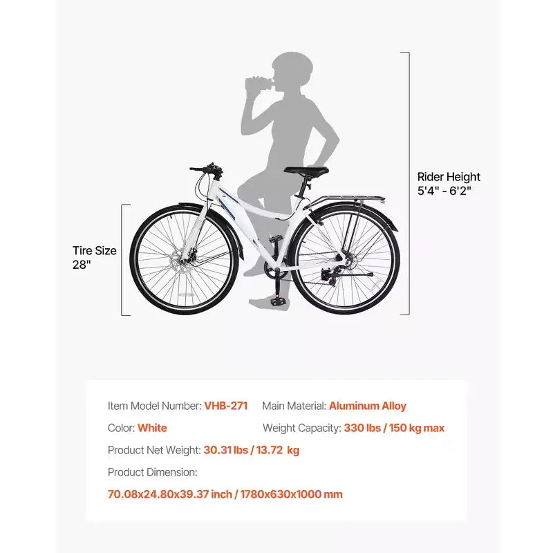 VEVOR Hybrid Bike, Lightweight Aluminum Frame Bike, 700c Wheel Men and Women Hybrid Bicycle, Step-Through Adult Urban City Commuter Bikes, White