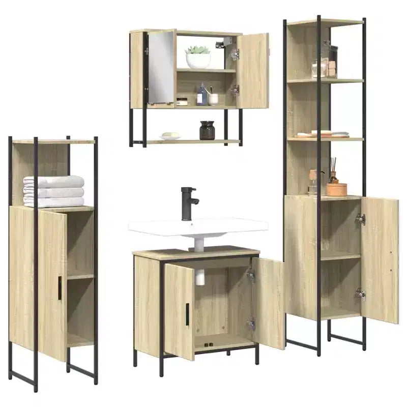 vidaXL Ensemble de meubles de salle de bain avec étagère 4 pcs Bois d'ingénierie Moderne Intérieur