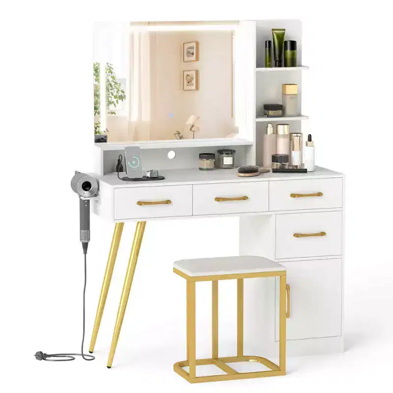 Costway Modern Vanity Desk Set with Charging Station,Hair Dryer Holder & 3-Color LED Mirror