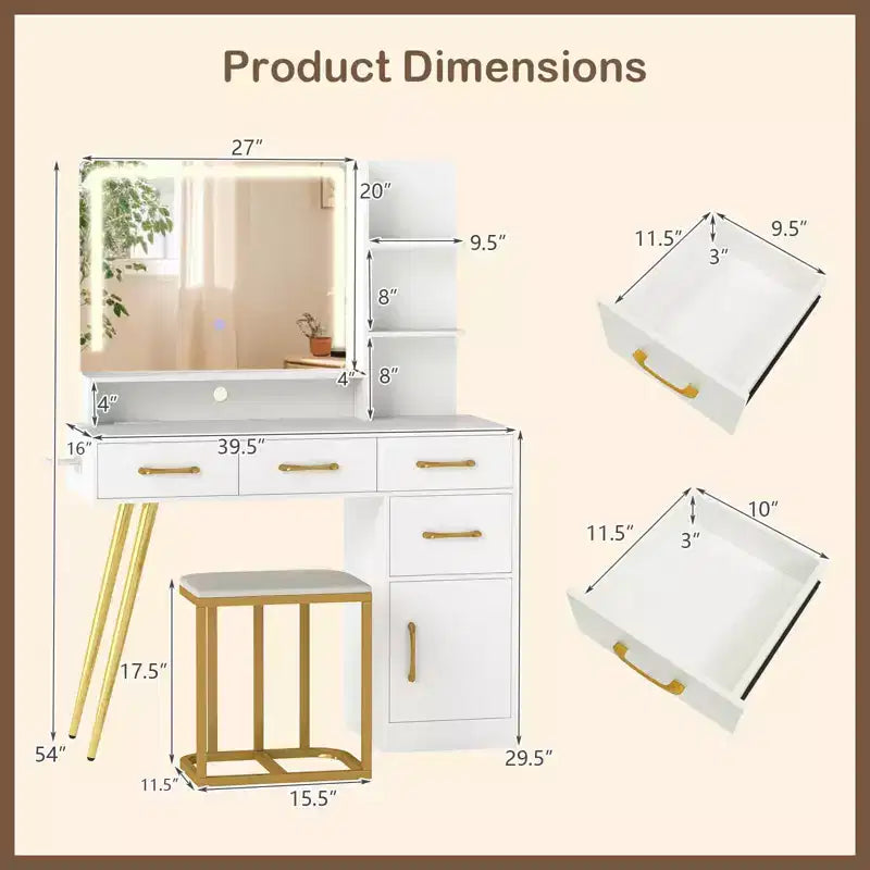 Costway Modern Vanity Desk Set with Charging Station,Hair Dryer Holder & 3-Color LED Mirror