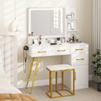 Costway Modern Vanity Desk Set with Charging Station,Hair Dryer Holder & 3-Color LED Mirror