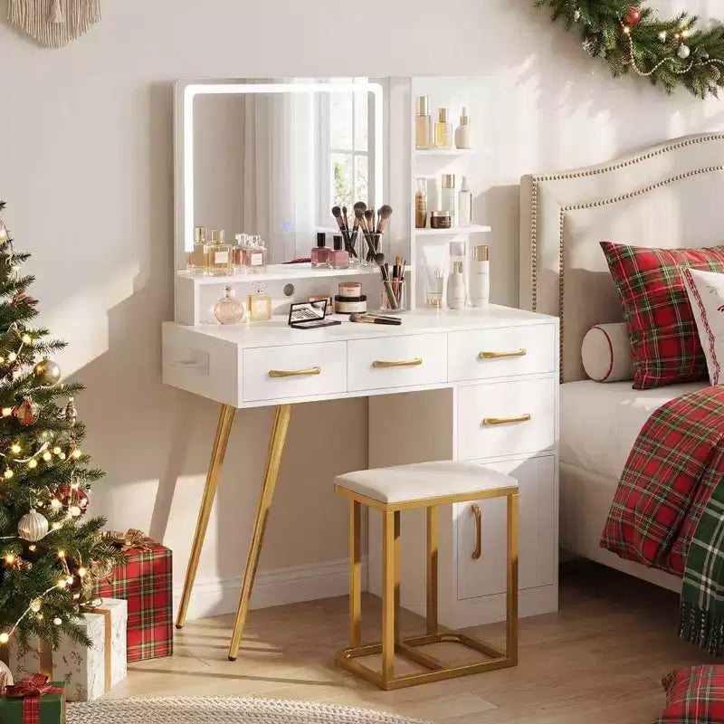 Costway Modern Vanity Desk Set with Charging Station,Hair Dryer Holder & 3-Color LED Mirror