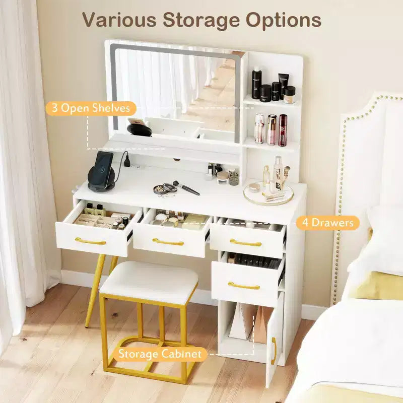 Costway Modern Vanity Desk Set with Charging Station,Hair Dryer Holder & 3-Color LED Mirror