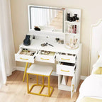 Costway Modern Vanity Desk Set with Charging Station,Hair Dryer Holder & 3-Color LED Mirror