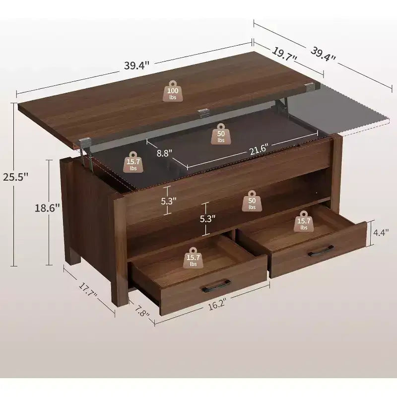 Coffee Table, 4 in 1 Convertible Lift Top Coffee Table with Storage for Living Room - 40 Storage Coffee Tables with 2 Drawers