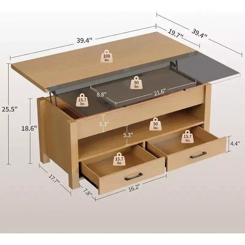 Coffee Table, 4 in 1 Convertible Lift Top Coffee Table with Storage for Living Room - 40 Storage Coffee Tables with 2 Drawers