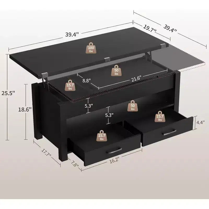 Coffee Table, 4 in 1 Convertible Lift Top Coffee Table with Storage for Living Room - 40 Storage Coffee Tables with 2 Drawers