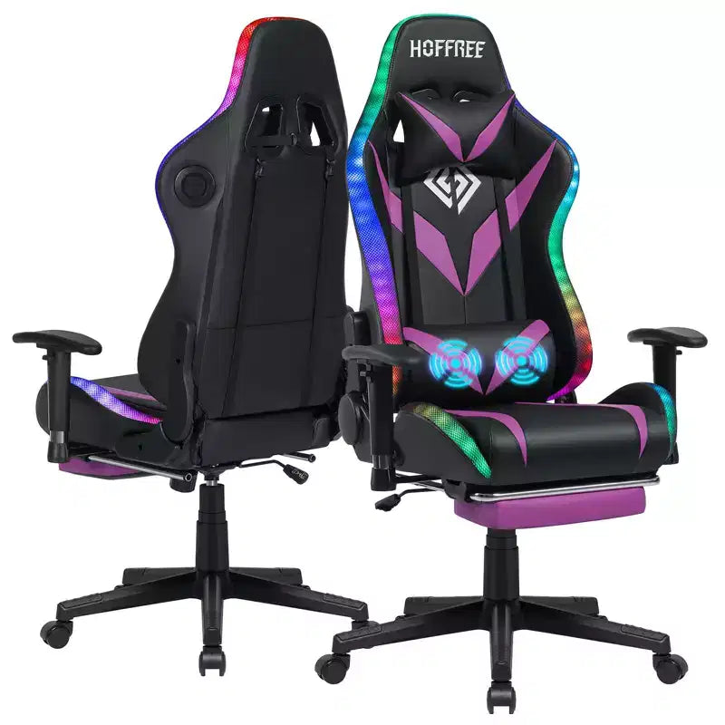 Fauteuil de jeu inclinable de massage Hoffree Chaise de bureau ergonomique pour PC avec haut-parleur Bluetooth et lumière RVB