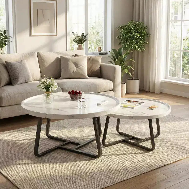 Ensemble de 2 tables basses gigognes rondes, table à thé pour petits espaces, table basse ronde en bois avec pieds cannelés, tables basses modernes du milieu du siècle