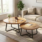 Ensemble de 2 tables basses gigognes rondes, table à thé pour petits espaces, table basse ronde en bois avec pieds cannelés, tables basses modernes du milieu du siècle