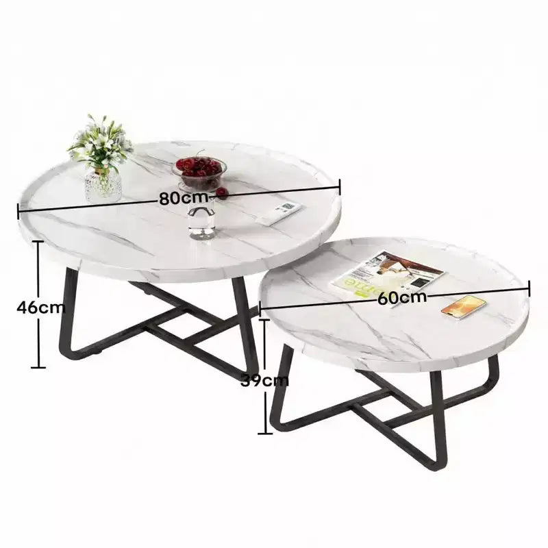 Ensemble de 2 tables basses gigognes rondes, table à thé pour petits espaces, table basse ronde en bois avec pieds cannelés, tables basses modernes du milieu du siècle