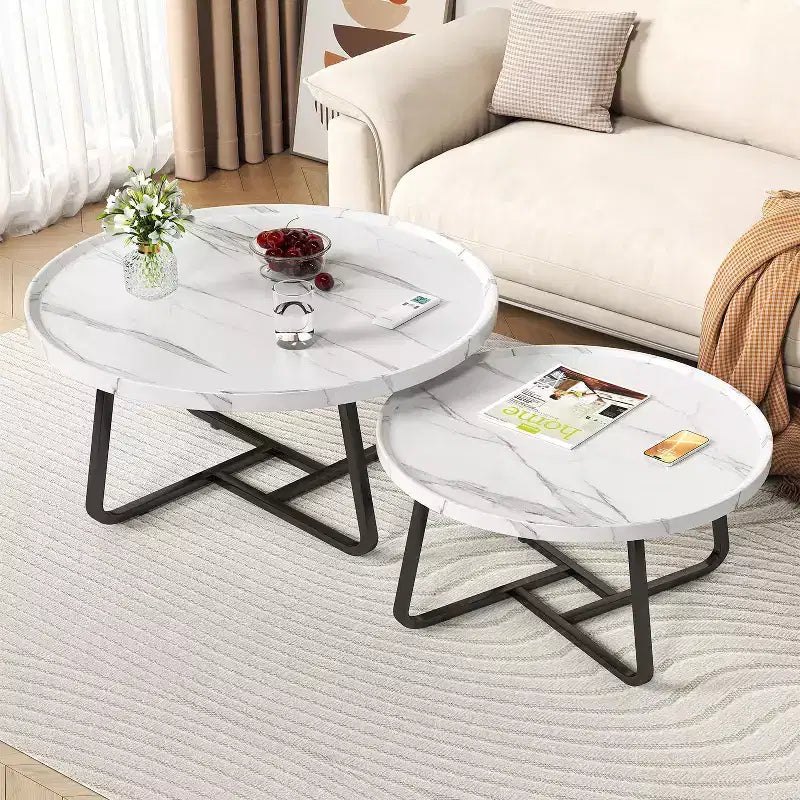 Ensemble de 2 tables basses gigognes rondes, table à thé pour petits espaces, table basse ronde en bois avec pieds cannelés, tables basses modernes du milieu du siècle