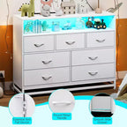Dresser for Bedroom, 7-Drawer Black Wooden Dresser TV Stand with Charging Station & Lights, Modern Large Capacity Storage