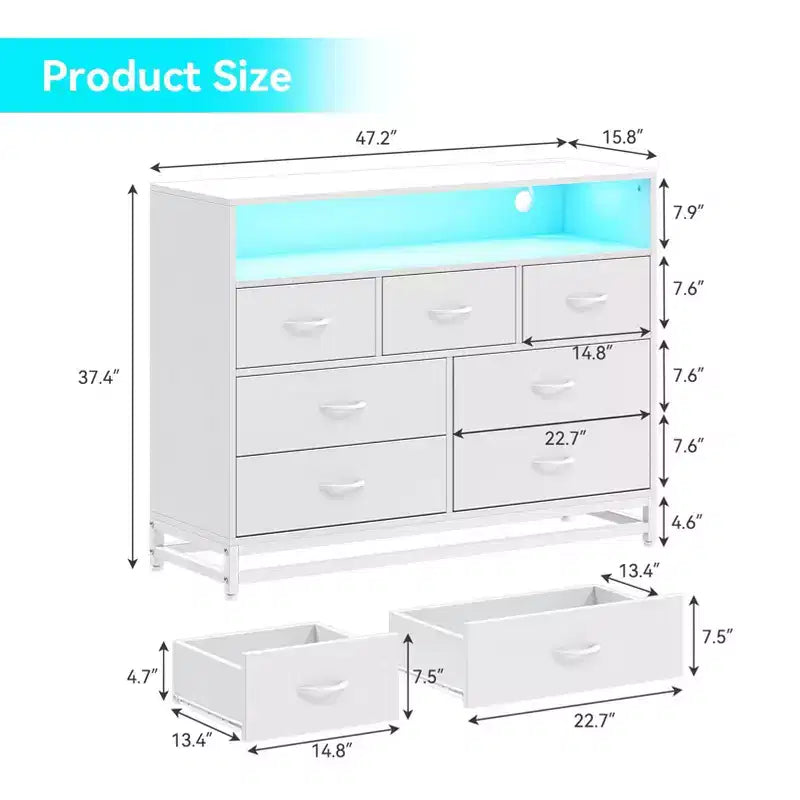 Dresser for Bedroom, 7-Drawer Black Wooden Dresser TV Stand with Charging Station & Lights, Modern Large Capacity Storage