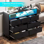 Dresser for Bedroom, 7-Drawer Black Wooden Dresser TV Stand with Charging Station & Lights, Modern Large Capacity Storage