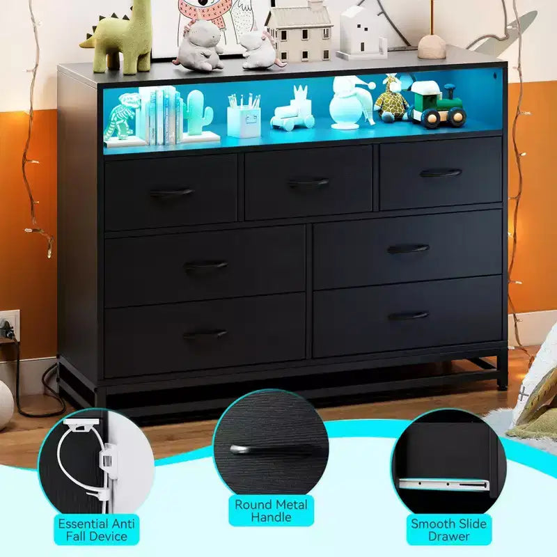 Dresser for Bedroom, 7-Drawer Black Wooden Dresser TV Stand with Charging Station & Lights, Modern Large Capacity Storage
