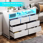 Dresser for Bedroom, 7-Drawer Black Wooden Dresser TV Stand with Charging Station & Lights, Modern Large Capacity Storage