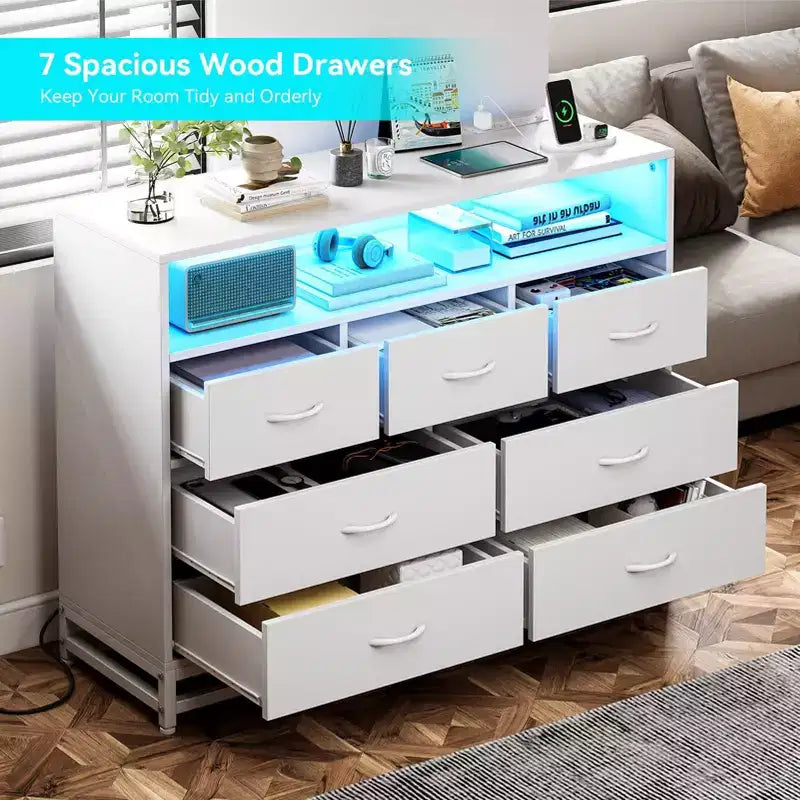 Dresser for Bedroom, 7-Drawer Black Wooden Dresser TV Stand with Charging Station & Lights, Modern Large Capacity Storage