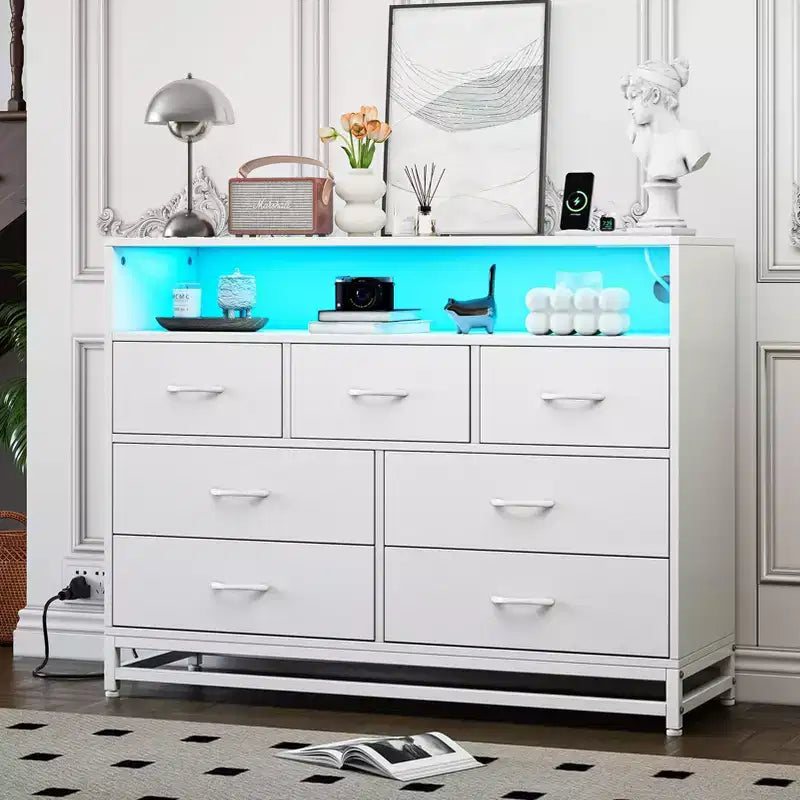 Dresser for Bedroom, 7-Drawer Black Wooden Dresser TV Stand with Charging Station & Lights, Modern Large Capacity Storage