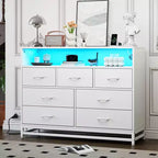 Dresser for Bedroom, 7-Drawer Black Wooden Dresser TV Stand with Charging Station & Lights, Modern Large Capacity Storage