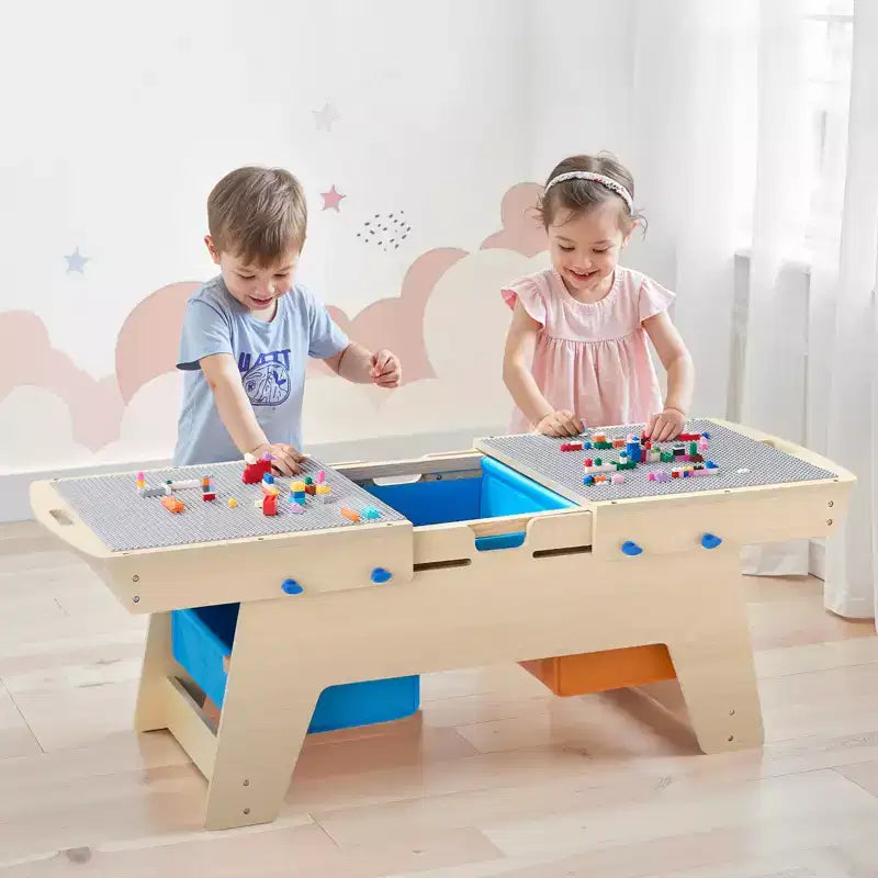VEVOR Kids Reversible Wooden Activity Table, Multi-Purpose Activity Play Table with 200 Building Bricks & 3 Storage Bins for Kids 3+ Years, Natural