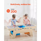 VEVOR Kids Reversible Wooden Activity Table, Multi-Purpose Activity Play Table with 200 Building Bricks & 3 Storage Bins for Kids 3+ Years, Natural