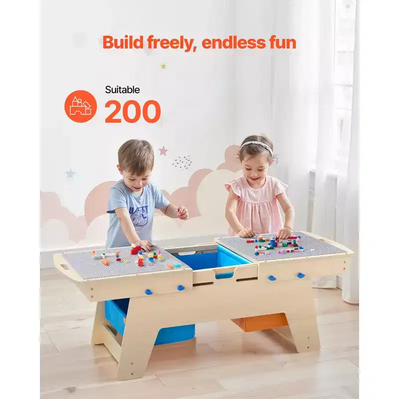 VEVOR Kids Reversible Wooden Activity Table, Multi-Purpose Activity Play Table with 200 Building Bricks & 3 Storage Bins for Kids 3+ Years, Natural