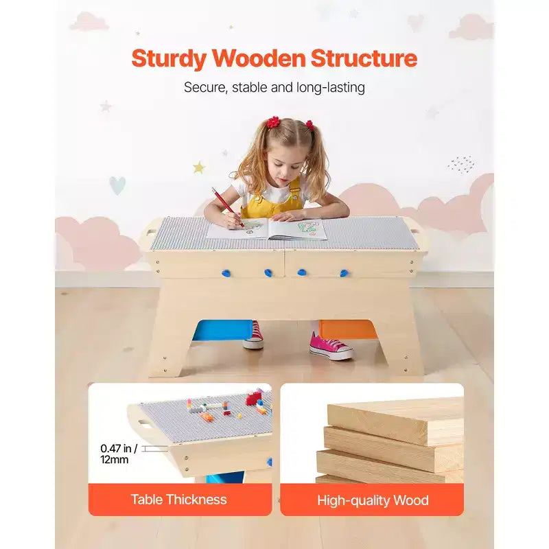 VEVOR Kids Reversible Wooden Activity Table, Multi-Purpose Activity Play Table with 200 Building Bricks & 3 Storage Bins for Kids 3+ Years, Natural