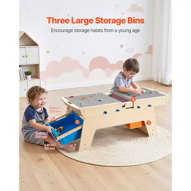 VEVOR Kids Reversible Wooden Activity Table, Multi-Purpose Activity Play Table with 200 Building Bricks & 3 Storage Bins for Kids 3+ Years, Natural