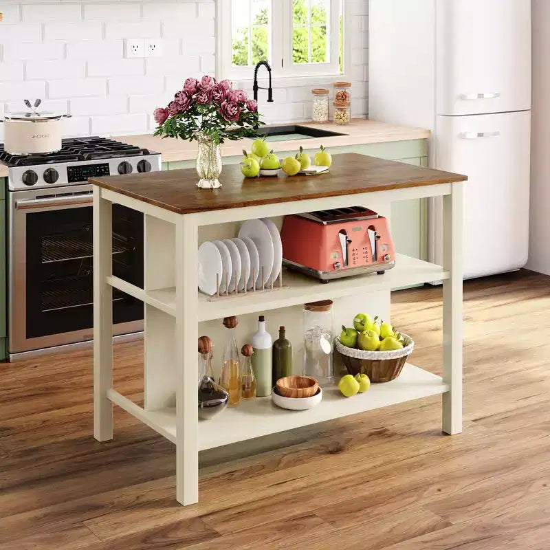 JVNOXK 45-inch Solid Wood Rustic Fixed Kitchen Island, Rubberwood Prep Station with 2 Open Shelves, Ideal for Small Spaces, Walnut