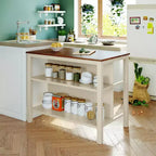 JVNOXK 45-inch Solid Wood Rustic Fixed Kitchen Island, Rubberwood Prep Station with 2 Open Shelves, Ideal for Small Spaces, Walnut