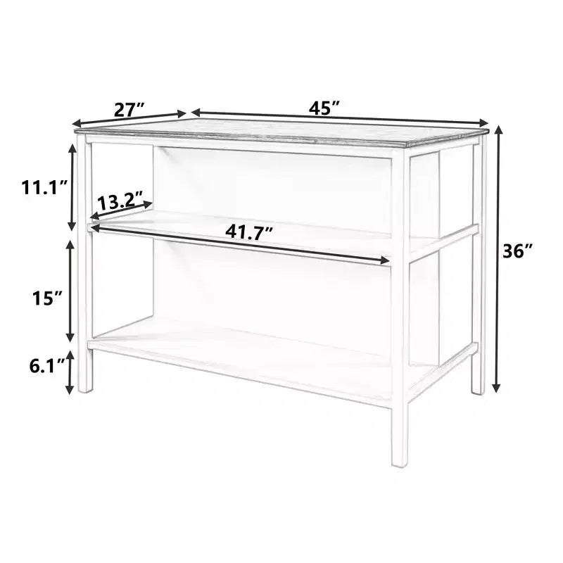 JVNOXK 45-inch Solid Wood Rustic Fixed Kitchen Island, Rubberwood Prep Station with 2 Open Shelves, Ideal for Small Spaces, Walnut