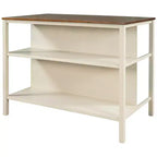 JVNOXK 45-inch Solid Wood Rustic Fixed Kitchen Island, Rubberwood Prep Station with 2 Open Shelves, Ideal for Small Spaces, Walnut