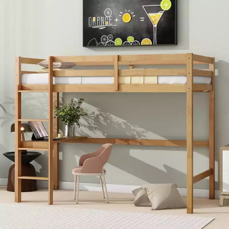 Whisen Twin Size Wood Loft Bed with Built-in Desk & Ladder, Spacious Study Space, Safety Guardrails(Upgraded) - White Oak