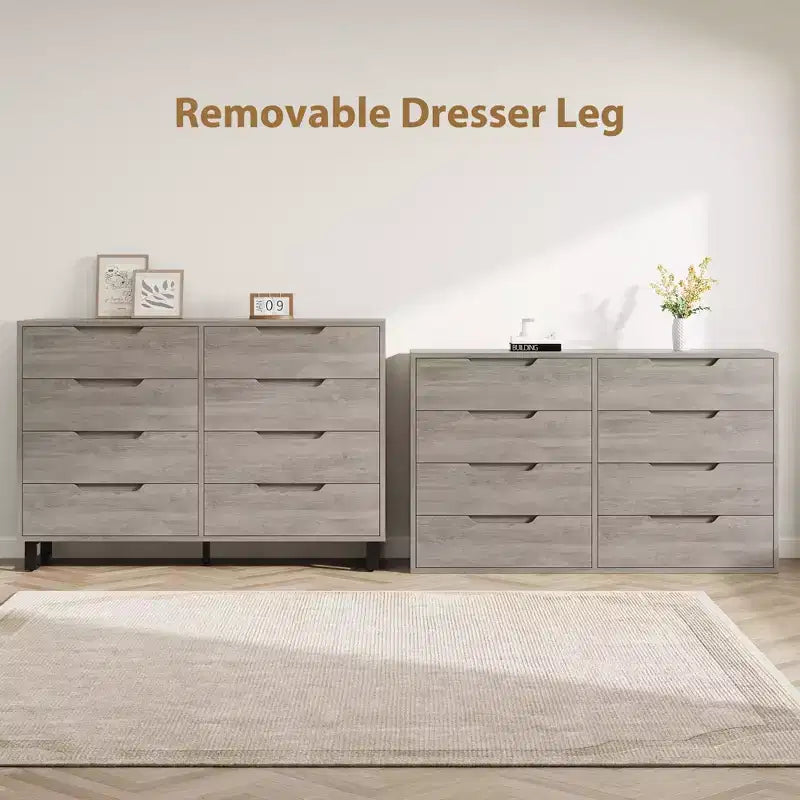 55 Wide 8 Drawer Dresser  Freestanding Horizontal Storage Chest in Black for Bedroom, Living Room, Hallway & Entryway