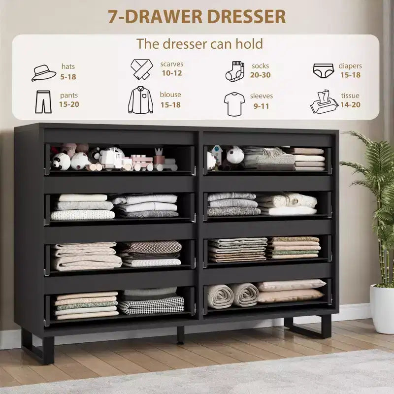 55 Wide 8 Drawer Dresser  Freestanding Horizontal Storage Chest in Black for Bedroom, Living Room, Hallway & Entryway