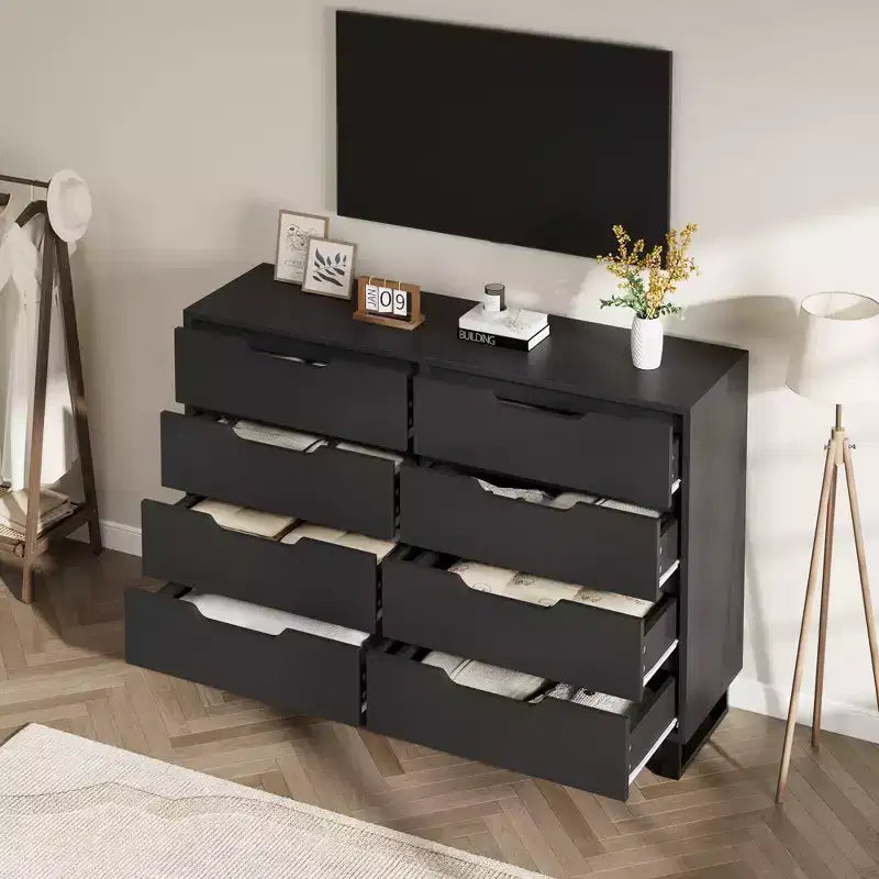 55 Wide 8 Drawer Dresser  Freestanding Horizontal Storage Chest in Black for Bedroom, Living Room, Hallway & Entryway