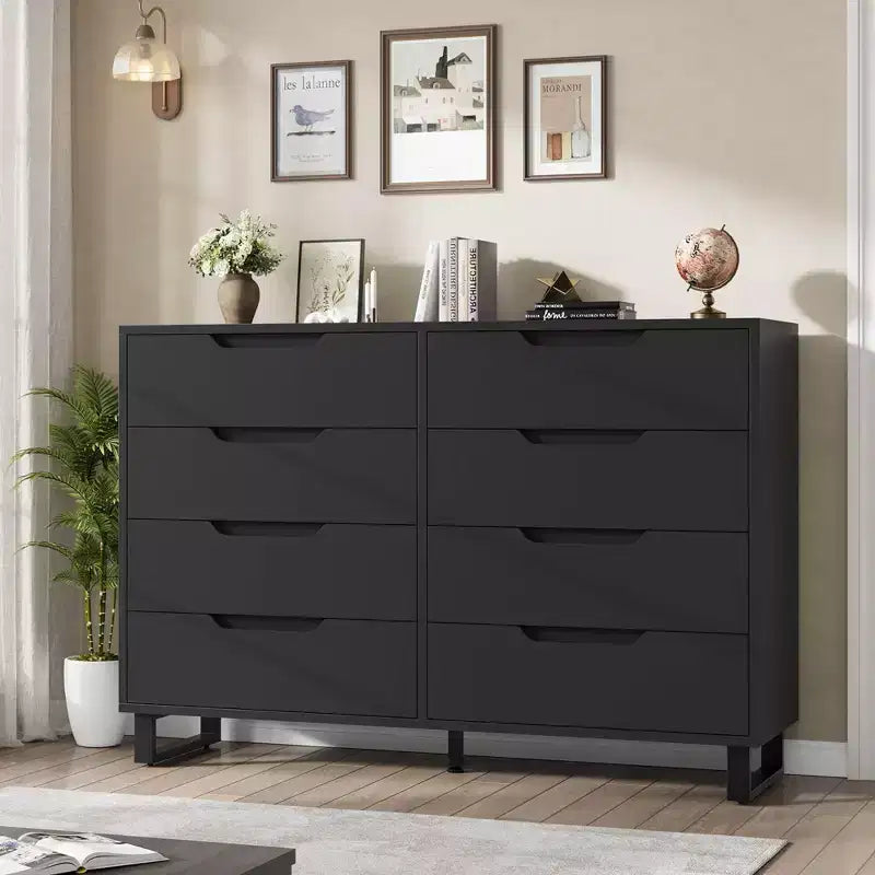55 Wide 8 Drawer Dresser  Freestanding Horizontal Storage Chest in Black for Bedroom, Living Room, Hallway & Entryway
