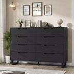 55 Wide 8 Drawer Dresser  Freestanding Horizontal Storage Chest in Black for Bedroom, Living Room, Hallway & Entryway