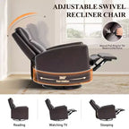 Swivel Rocking Recliner, Wide PU Leather Glider Sofa Chair with Ergonomic High Backrest for Living Room, Bedroom, Chocolate