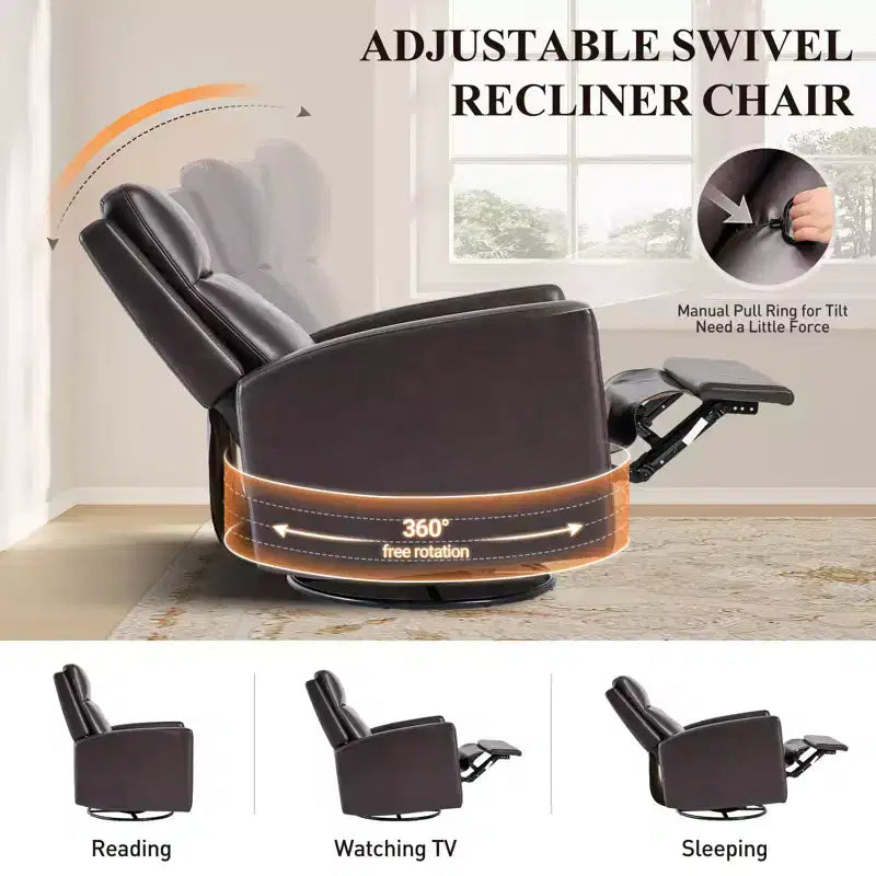 Swivel Rocking Recliner, Wide PU Leather Glider Sofa Chair with Ergonomic High Backrest for Living Room, Bedroom, Chocolate