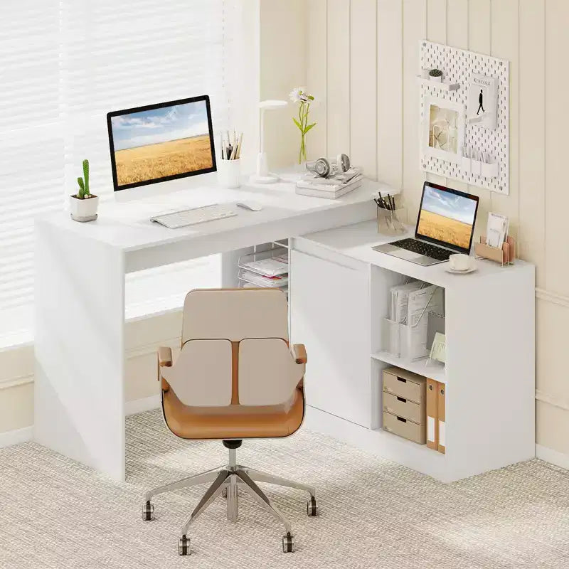 Bureau d'ordinateur réversible en L Costway 48'' avec 2 portes et 4 casiers de rangement ouverts pour le bureau