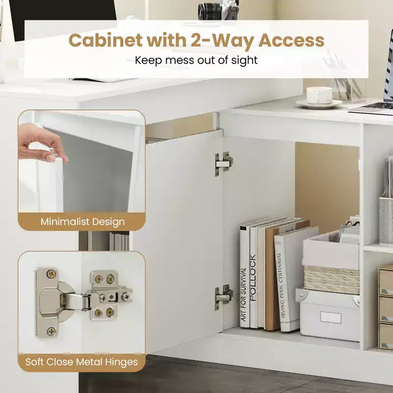 Bureau d'ordinateur réversible en L Costway 48'' avec 2 portes et 4 casiers de rangement ouverts pour le bureau