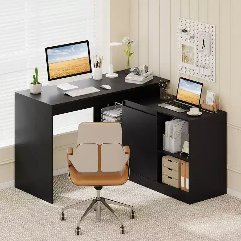 Bureau d'ordinateur réversible en L Costway 48'' avec 2 portes et 4 casiers de rangement ouverts pour le bureau