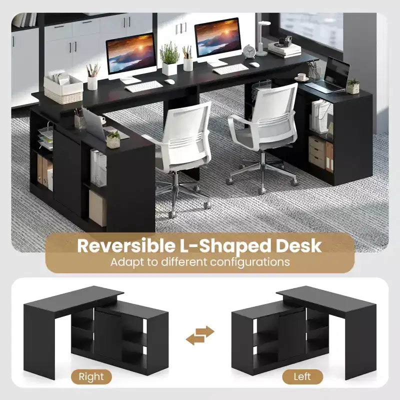 Bureau d'ordinateur réversible en L Costway 48'' avec 2 portes et 4 casiers de rangement ouverts pour le bureau