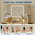 Corner Vanity Makeup Desk Natural Wood, Corner Vanity Table with Glass Top, Corners Vanity Desk with Mirror and Lights and Chair