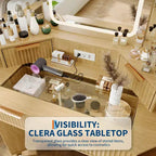 Corner Vanity Makeup Desk Natural Wood, Corner Vanity Table with Glass Top, Corners Vanity Desk with Mirror and Lights and Chair