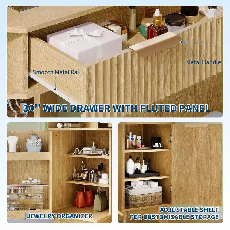 Corner Vanity Makeup Desk Natural Wood, Corner Vanity Table with Glass Top, Corners Vanity Desk with Mirror and Lights and Chair