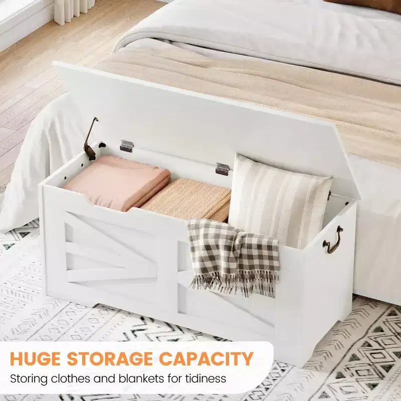 Banc de rangement en bois et coffre à jouets de 99,5 cm avec charnière de sécurité pour garçons, filles, entrée, salon, chambre, salle de jeux, supporte jusqu'à 158 kg